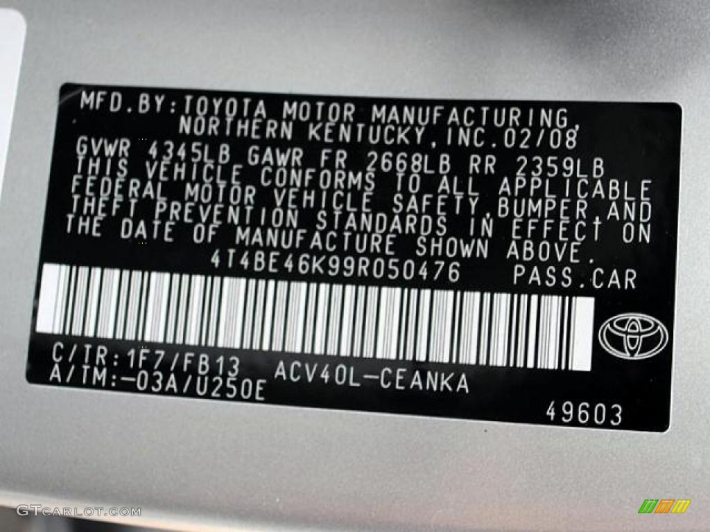 2009 Camry Color Code 1F7 for Classic Silver Metallic Photo #42926892