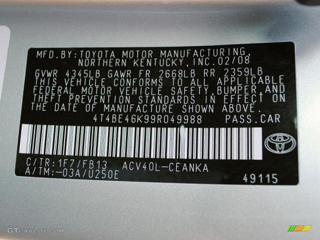 2009 Camry Color Code 1F7 for Classic Silver Metallic Photo #42927416