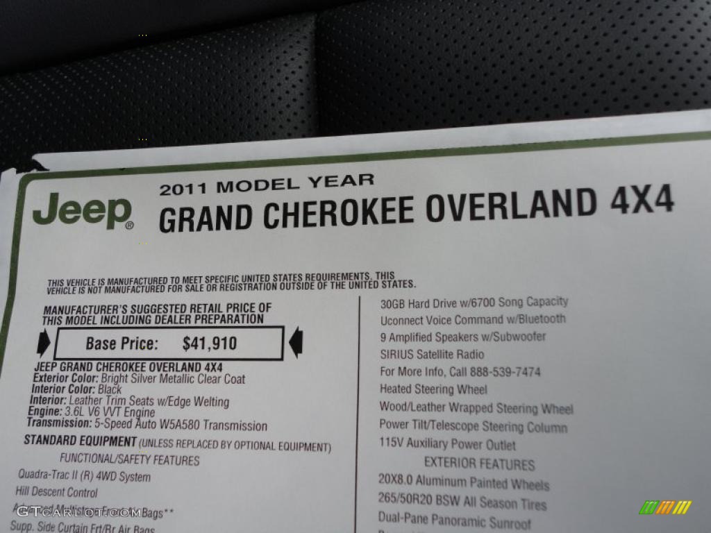 2011 Jeep Grand Cherokee Overland 4x4 Window Sticker Photo #42952607