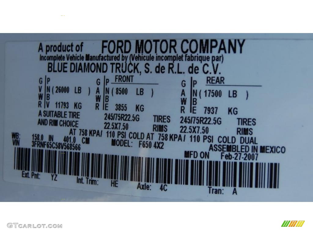 2008 F650 Super Duty Color Code YZ for Oxford White Photo #42998555