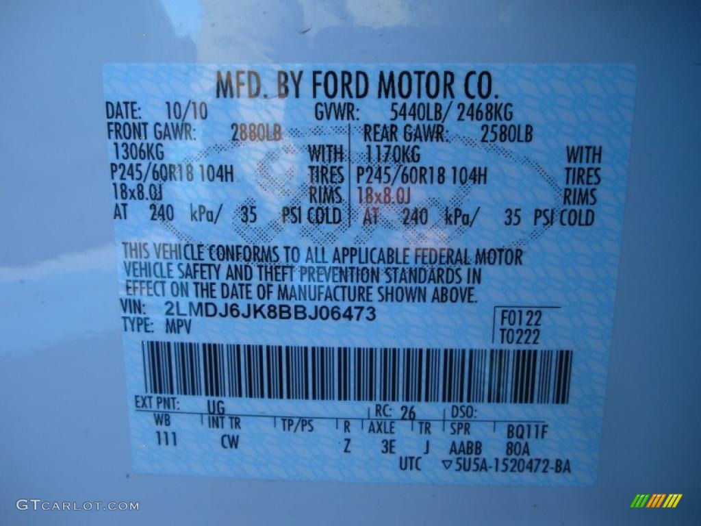 2011 MKX Color Code UG for White Platinum Tri-Coat Photo #43070545