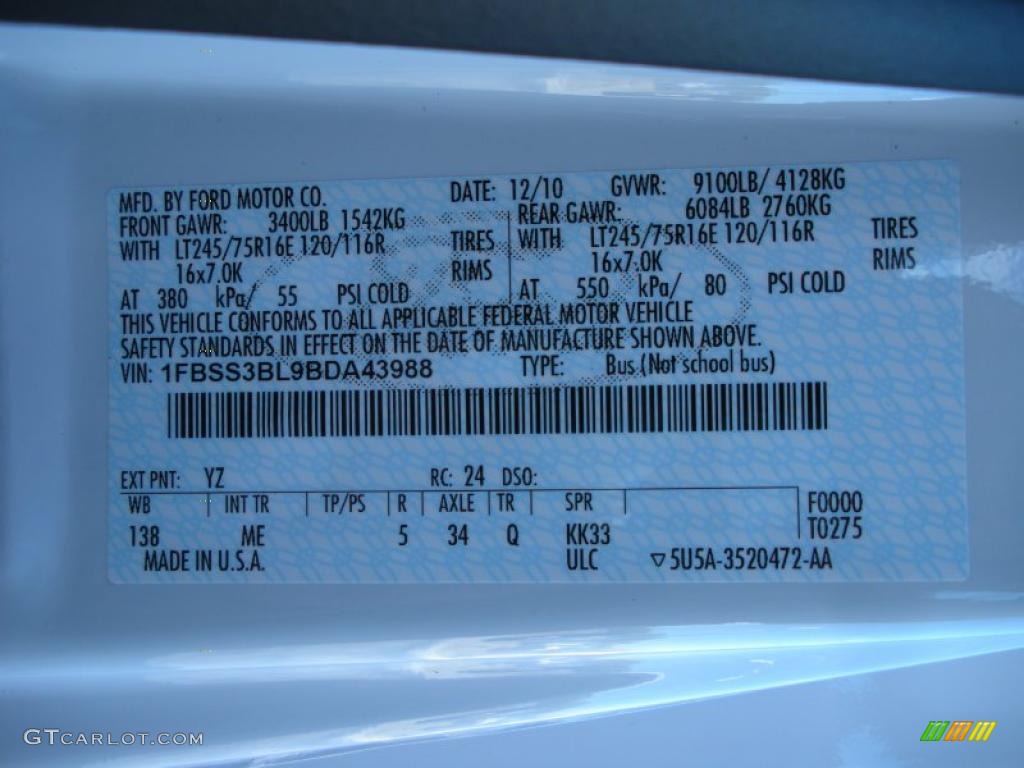 2011 E Series Van Color Code YZ for Oxford White Photo #43070921