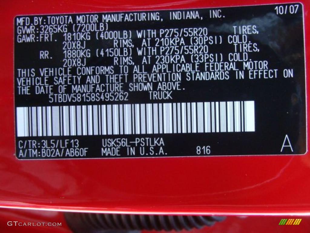 2008 Tundra Color Code 3L5 for Radiant Red Photo #43209650