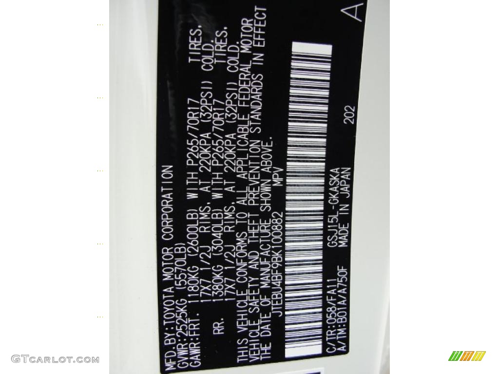 2011 FJ Cruiser Color Code 058 for Iceberg White Photo #43243033