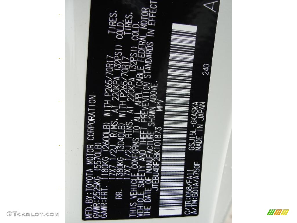 2011 FJ Cruiser Color Code 058 for Iceberg White Photo #43243725