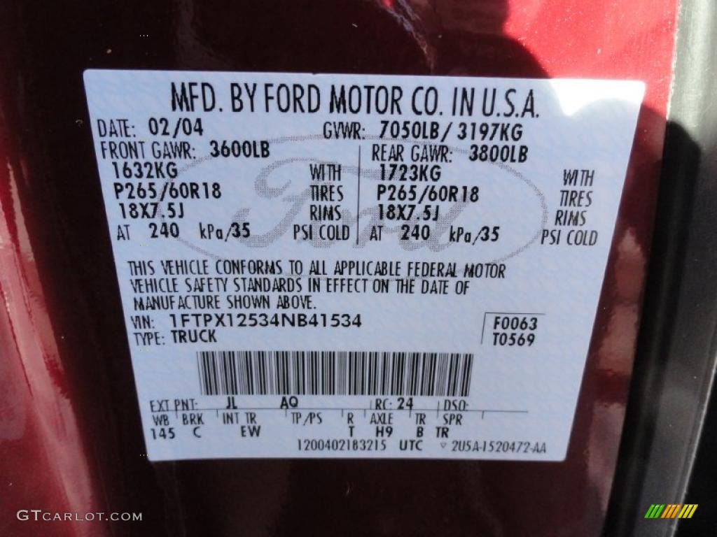 2004 F150 Color Code JL for Dark Toreador Red Metallic Photo #43248090