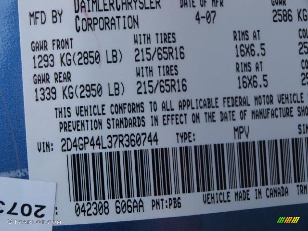2007 Grand Caravan Color Code PB6 for Marine Blue Pearl Photo #43299368