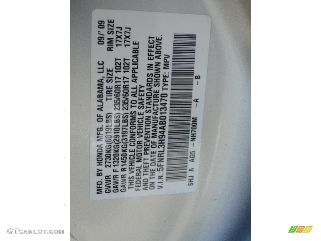 2010 Odyssey Color Code NH700M for Alabaster Silver Metallic Photo #43299417