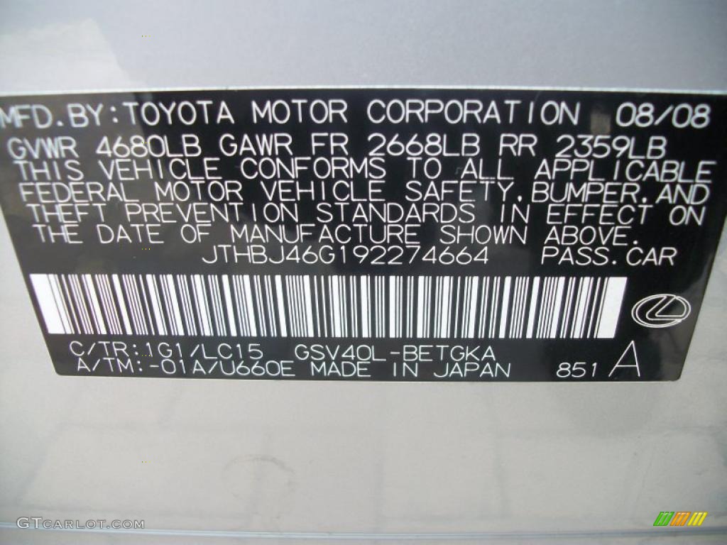 2009 ES Color Code 1G1 for Tungsten Silver Pearl Photo #43337709