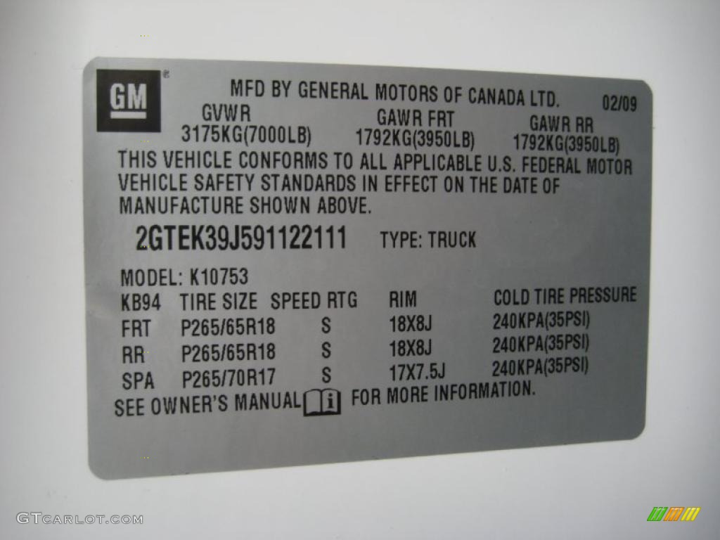 2009 GMC Sierra 1500 SLT Z71 Extended Cab 4x4 Info Tag Photos