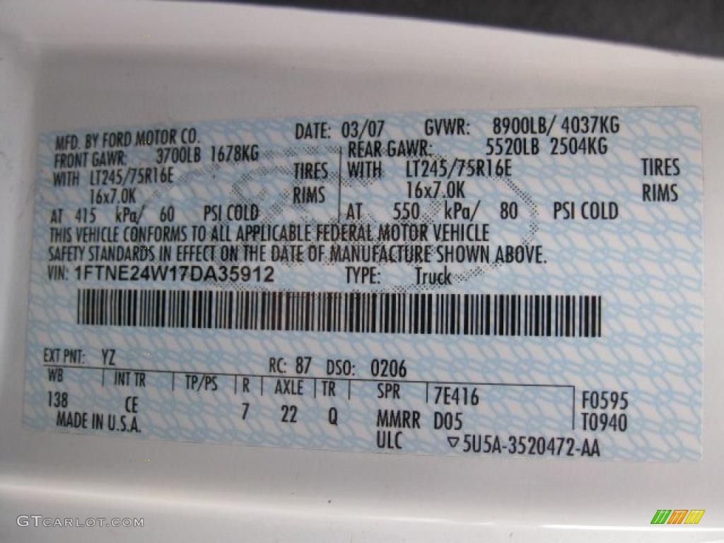 2007 E Series Van Color Code YZ for Oxford White Photo #43397792