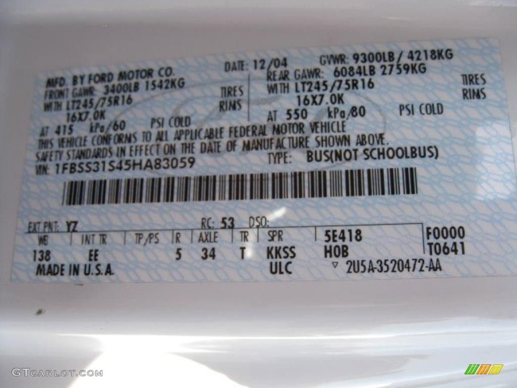 2005 E Series Van Color Code YZ for Oxford White Photo #43398052