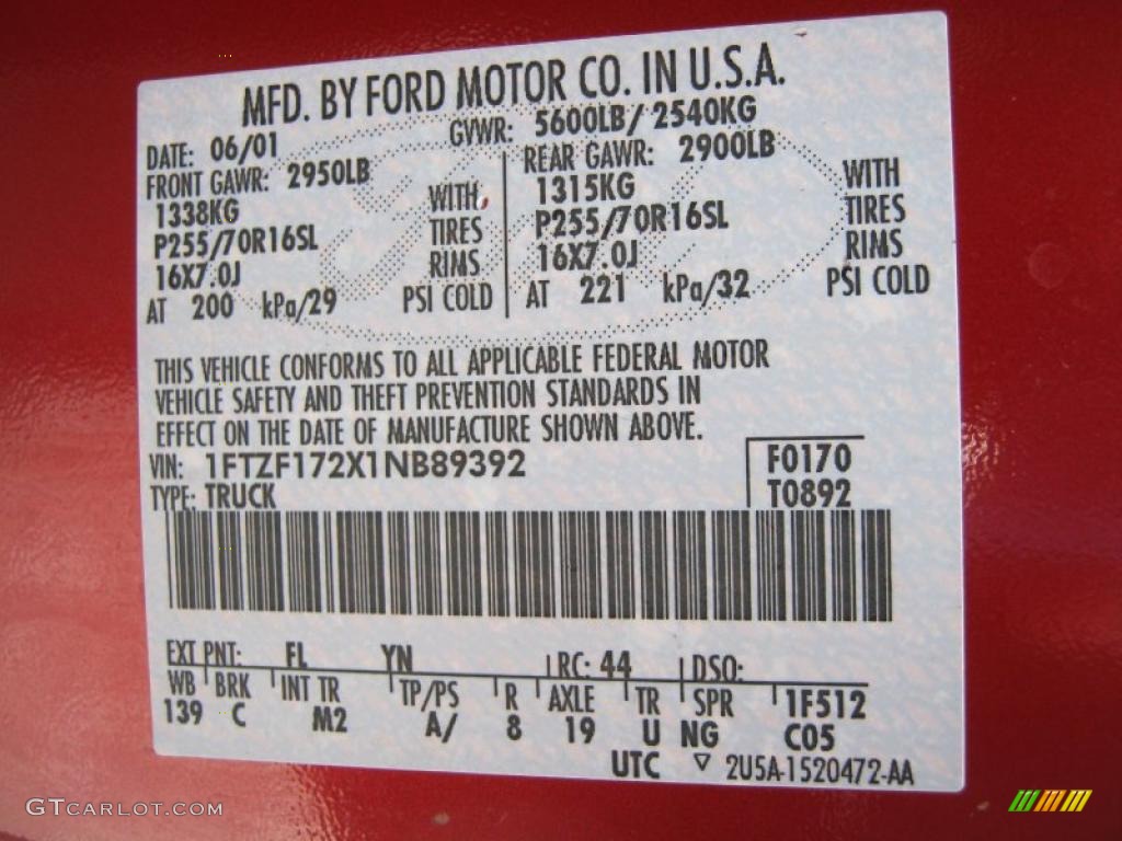 2001 Ford F150 XLT Regular Cab Info Tag Photo #43411904