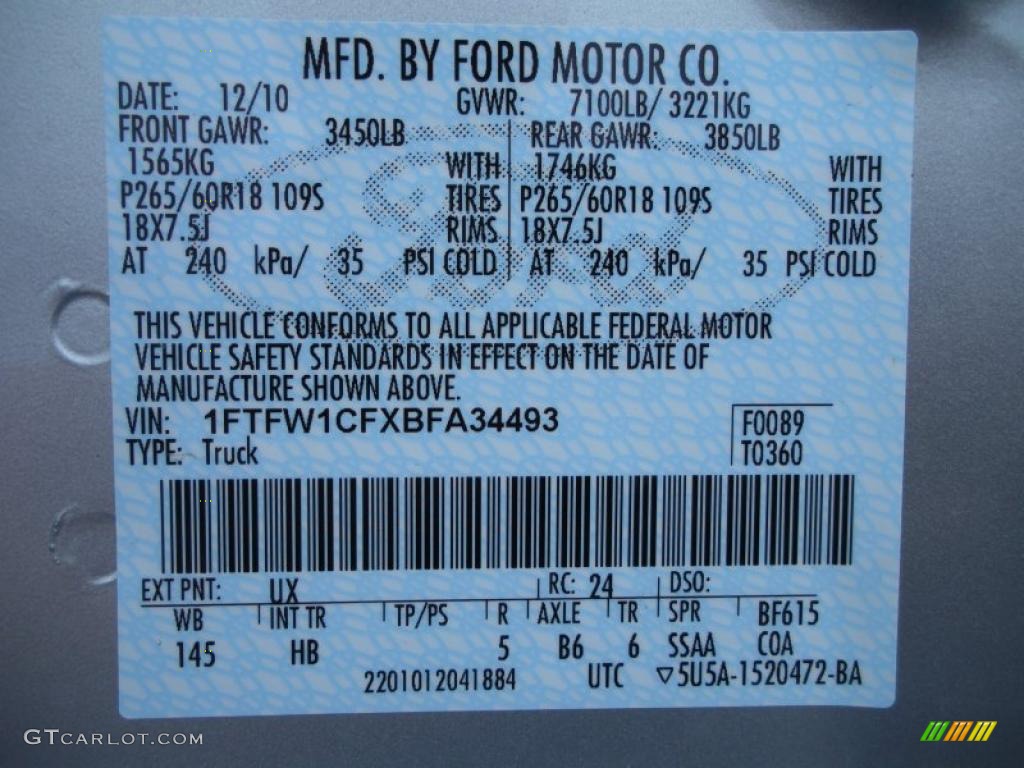 2011 F150 Color Code UX for Ingot Silver Metallic Photo #43436251