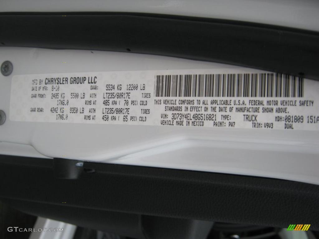 2011 Ram 3500 HD Color Code PW7 for Bright White Photo #43491380