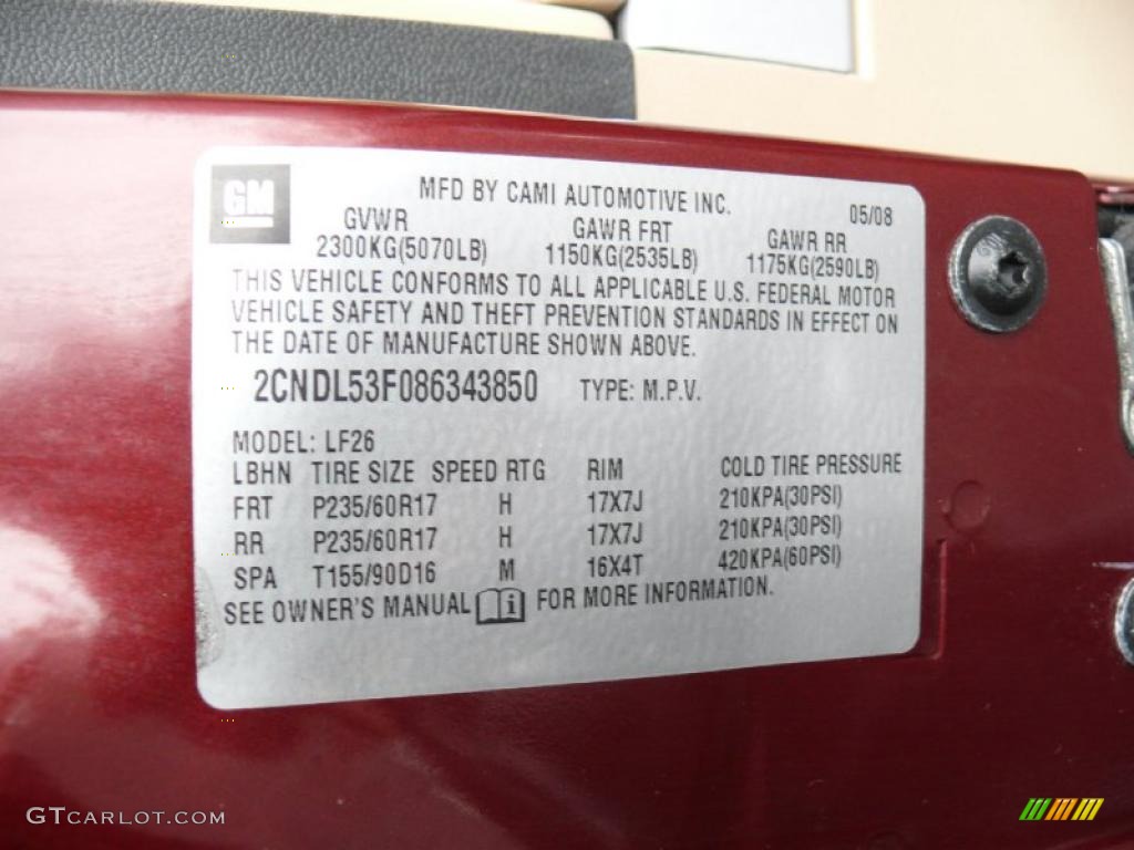 2008 Chevrolet Equinox LT Info Tag Photo #43522480