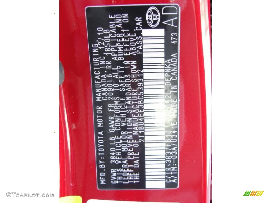 2011 Corolla Color Code 3R3 for Barcelona Red Metallic Photo #43533881