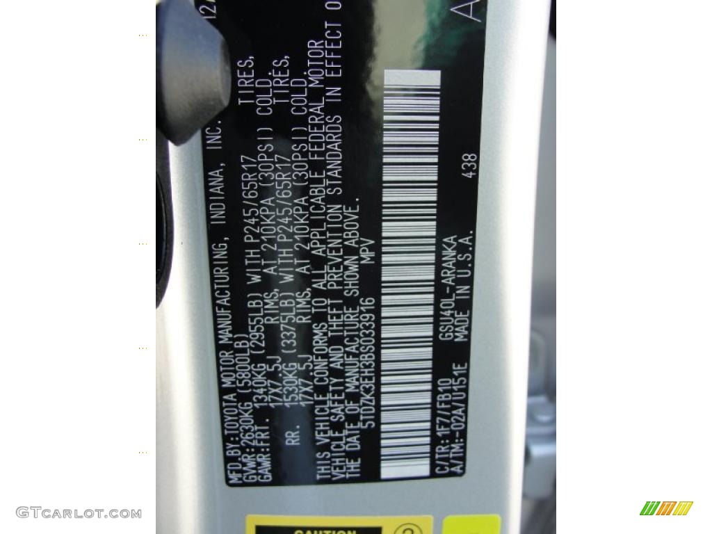 2011 Toyota Highlander V6 Color Code Photos