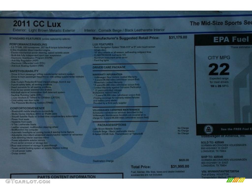 2011 Volkswagen CC Lux Window Sticker Photo #43541988