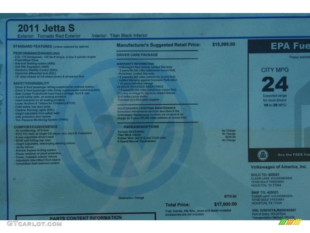 2011 Volkswagen Jetta S Sedan Window Sticker Photo #43543680