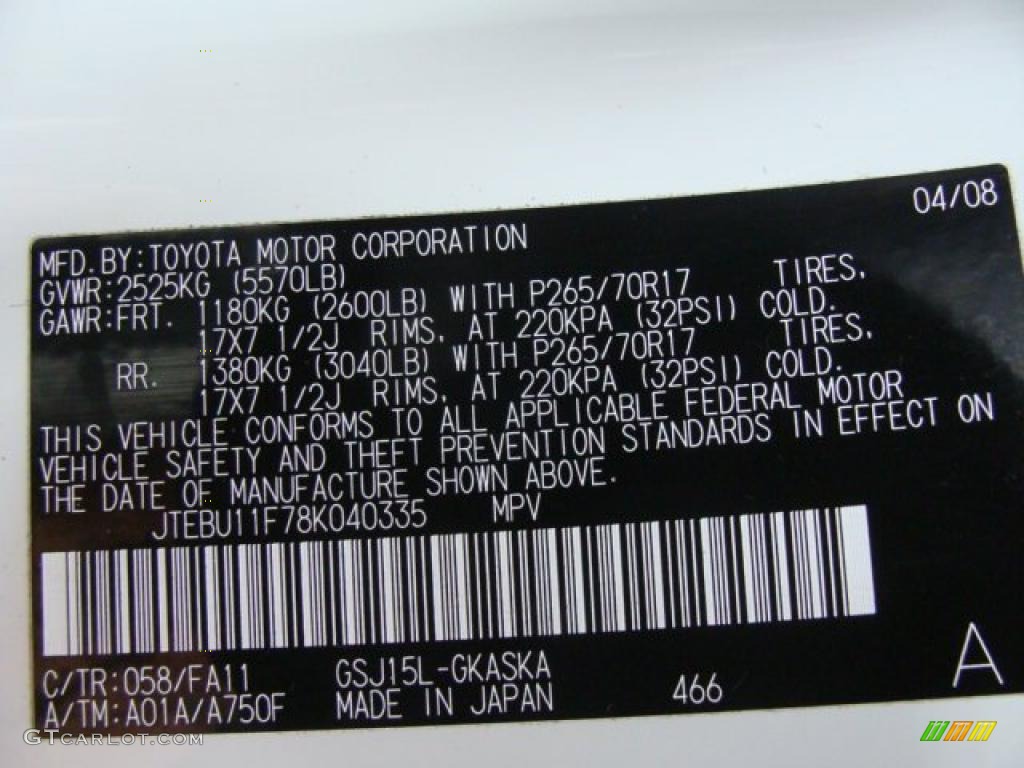 2008 FJ Cruiser Color Code 058 for Iceberg White Photo #43544872