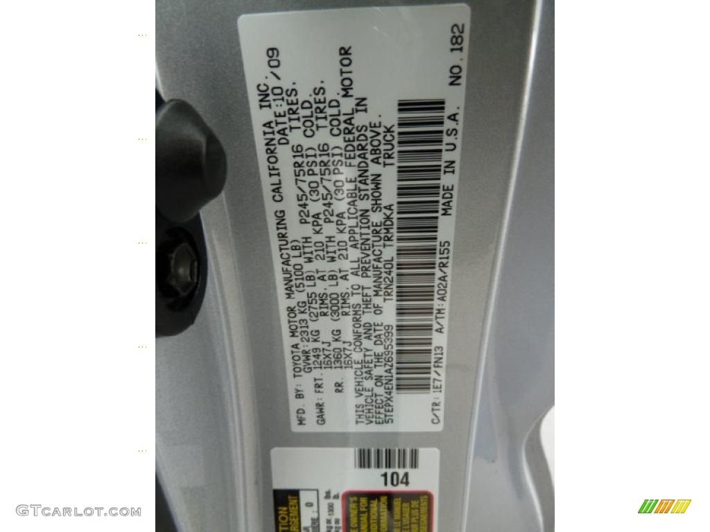 2010 Toyota Tacoma Regular Cab 4x4 Color Code Photos
