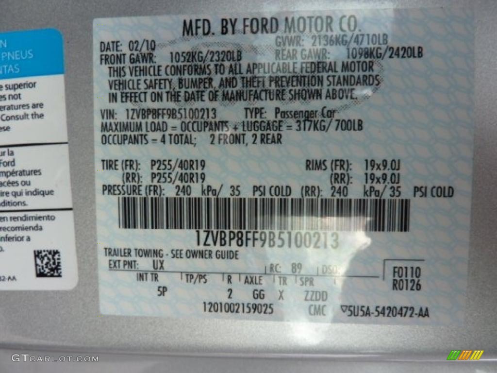 2011 Mustang Color Code UX for Ingot Silver Metallic Photo #43582380