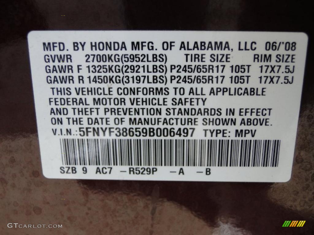 2009 Pilot Color Code R529P for Dark Cherry Pearl Photo #43826229