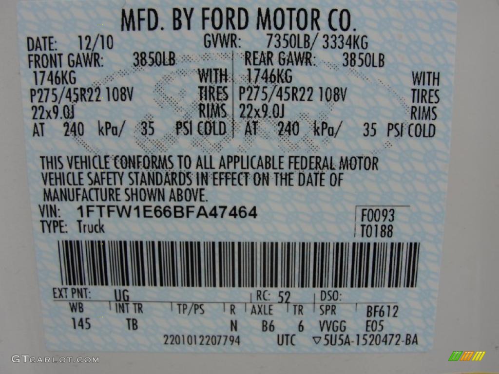 2011 F150 Color Code UG for White Platinum Metallic Tri-Coat Photo #43886967