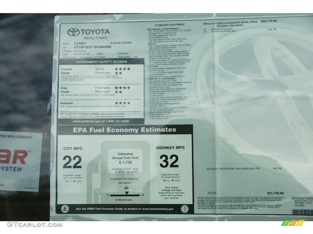 2011 Toyota Camry LE Window Sticker Photo #43891196