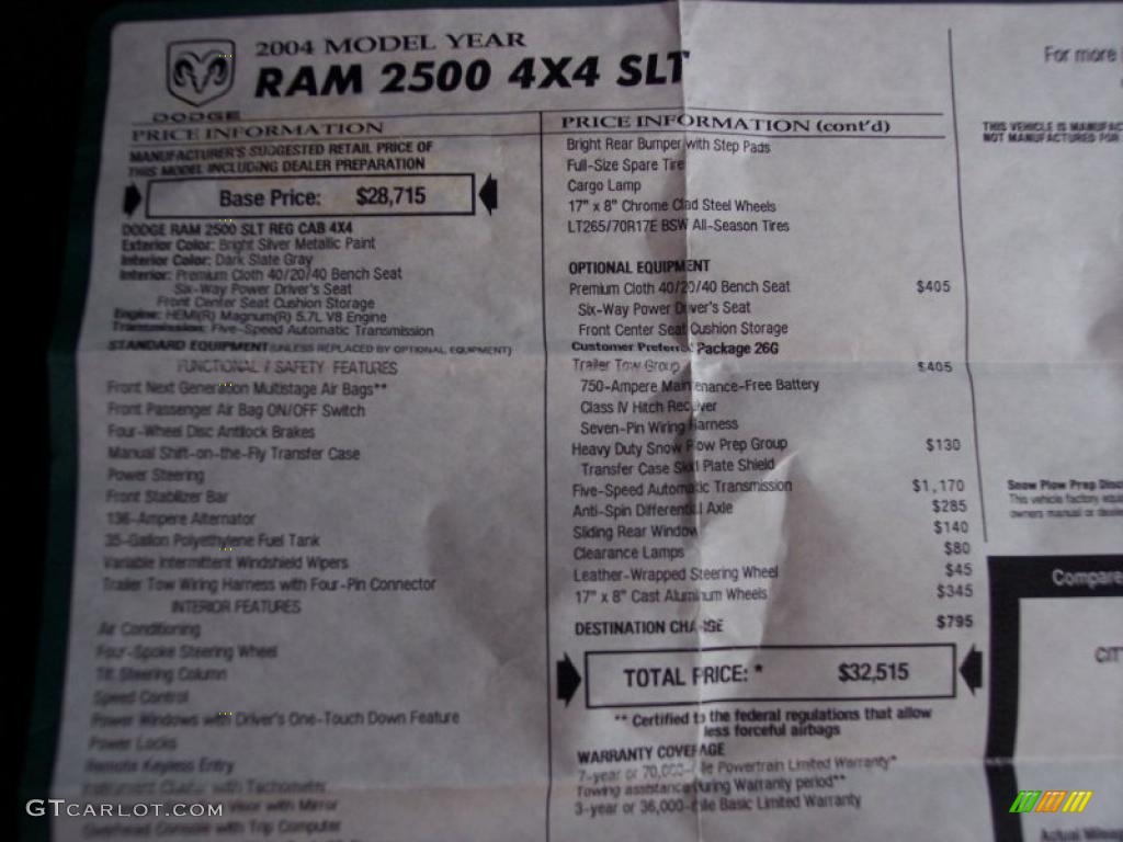 2004 Dodge Ram 2500 SLT Regular Cab 4x4 Window Sticker Photo #43909342