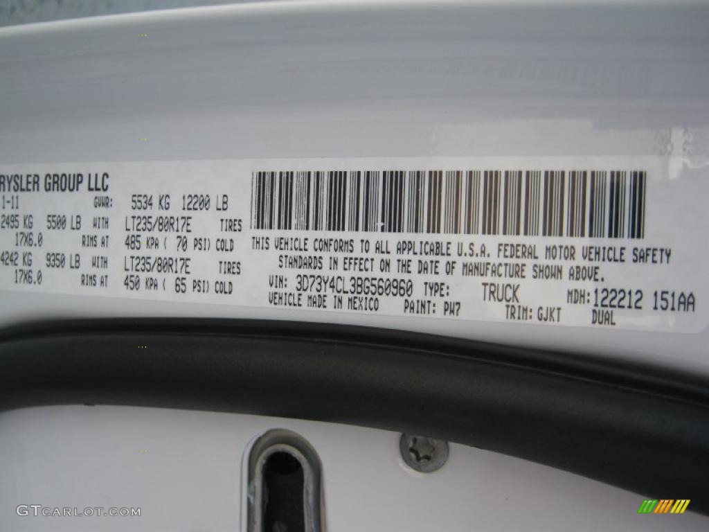 2011 Ram 3500 HD Color Code PW7 for Bright White Photo #43939299