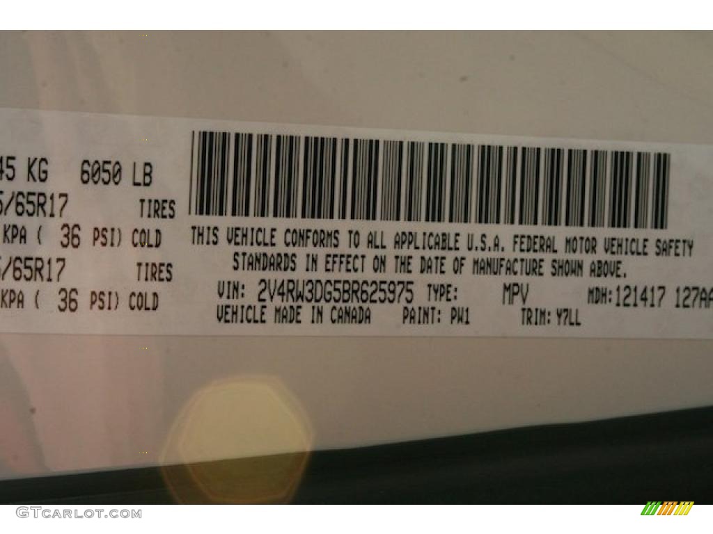 2011 Routan Color Code PW1 for Calla Lily White Photo #44054232
