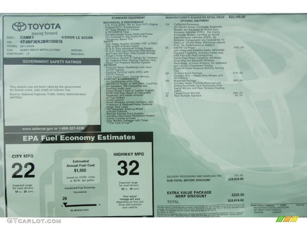 2011 Toyota Camry LE Window Sticker Photo #44110290