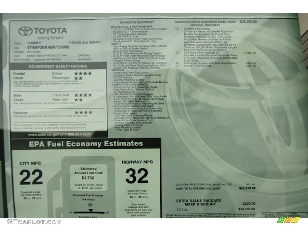 2011 Toyota Camry XLE Window Sticker Photo #44110822