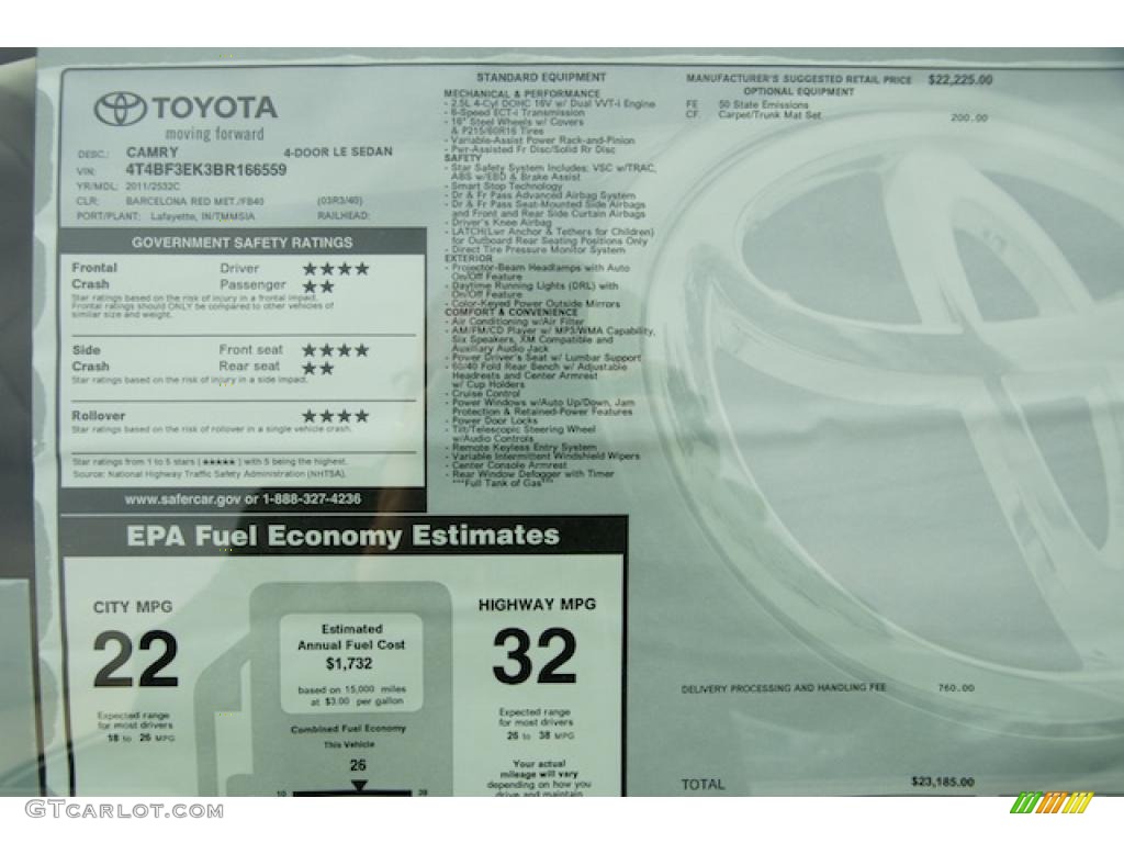 2011 Toyota Camry LE Window Sticker Photo #44110982