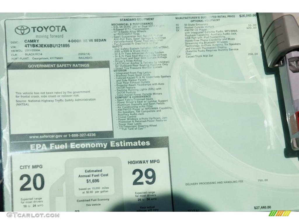 2011 Toyota Camry SE V6 Window Sticker Photo #44111415