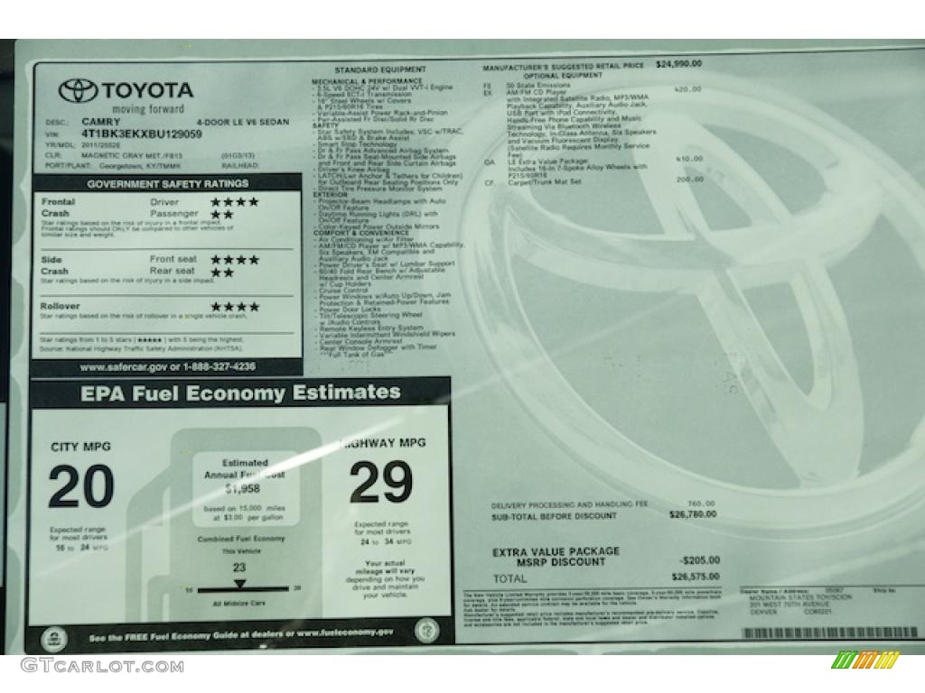 2011 Toyota Camry LE V6 Window Sticker Photos