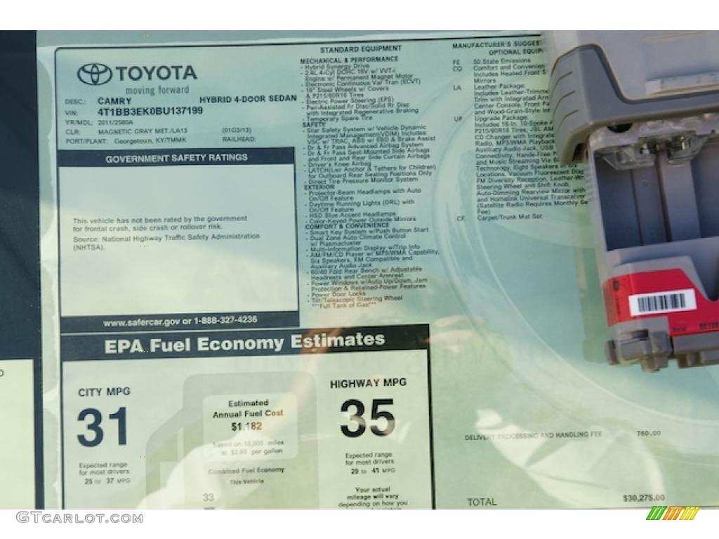 2011 Toyota Camry Hybrid Window Sticker Photo #44111690