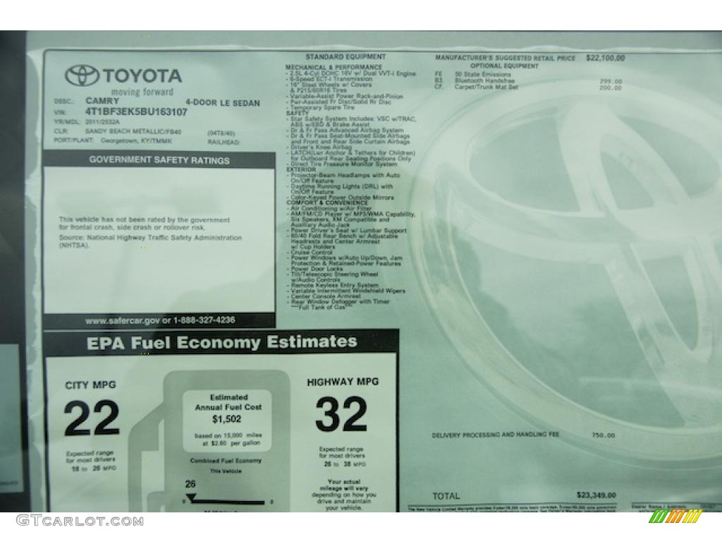 2011 Toyota Camry LE Window Sticker Photo #44112186