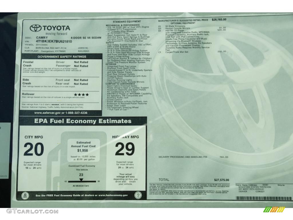 2011 Toyota Camry SE V6 Window Sticker Photo #44112564