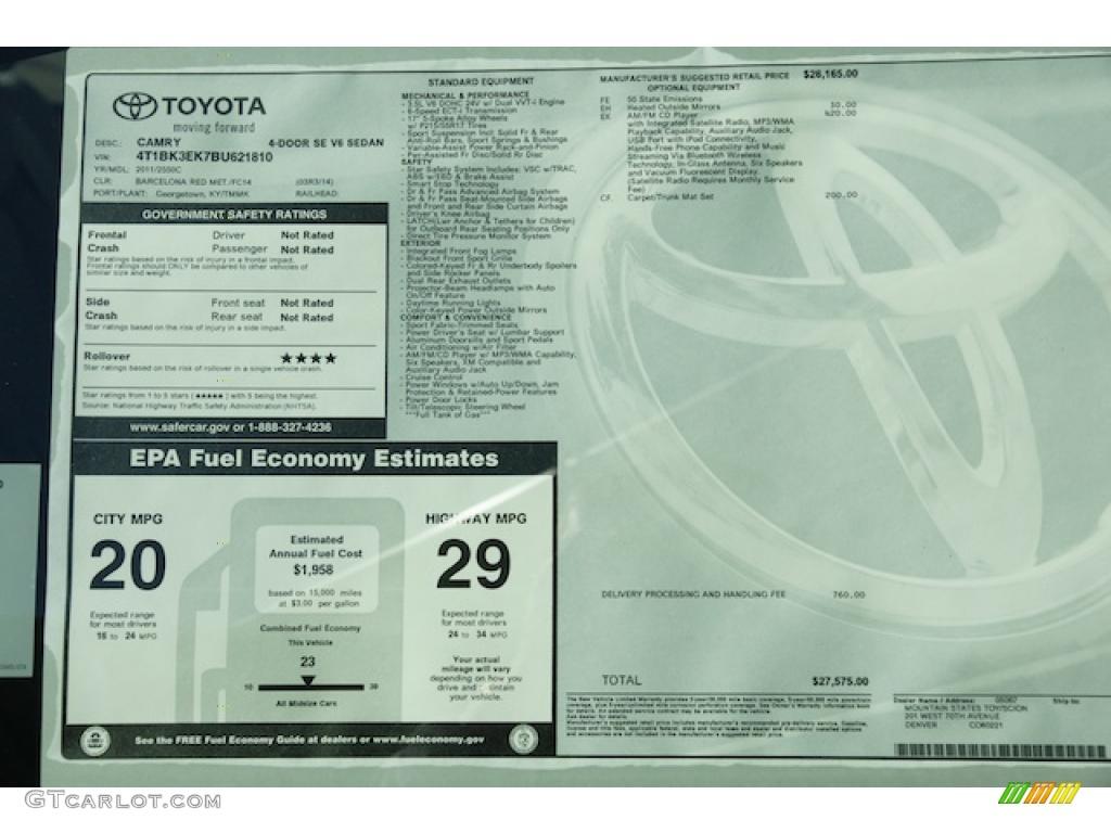 2011 Toyota Camry SE V6 Window Sticker Photos