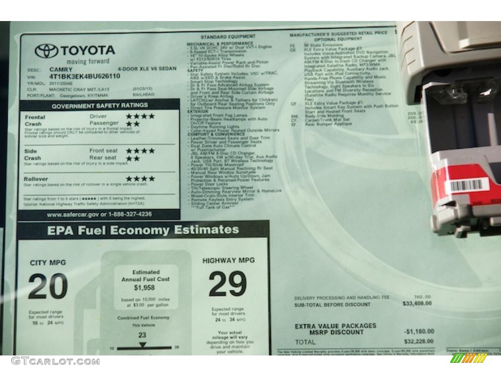 2011 Toyota Camry XLE V6 Window Sticker Photo #44112906