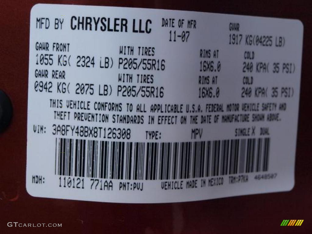 2008 Chrysler PT Cruiser Sunset Boulevard Edition Color Code Photos