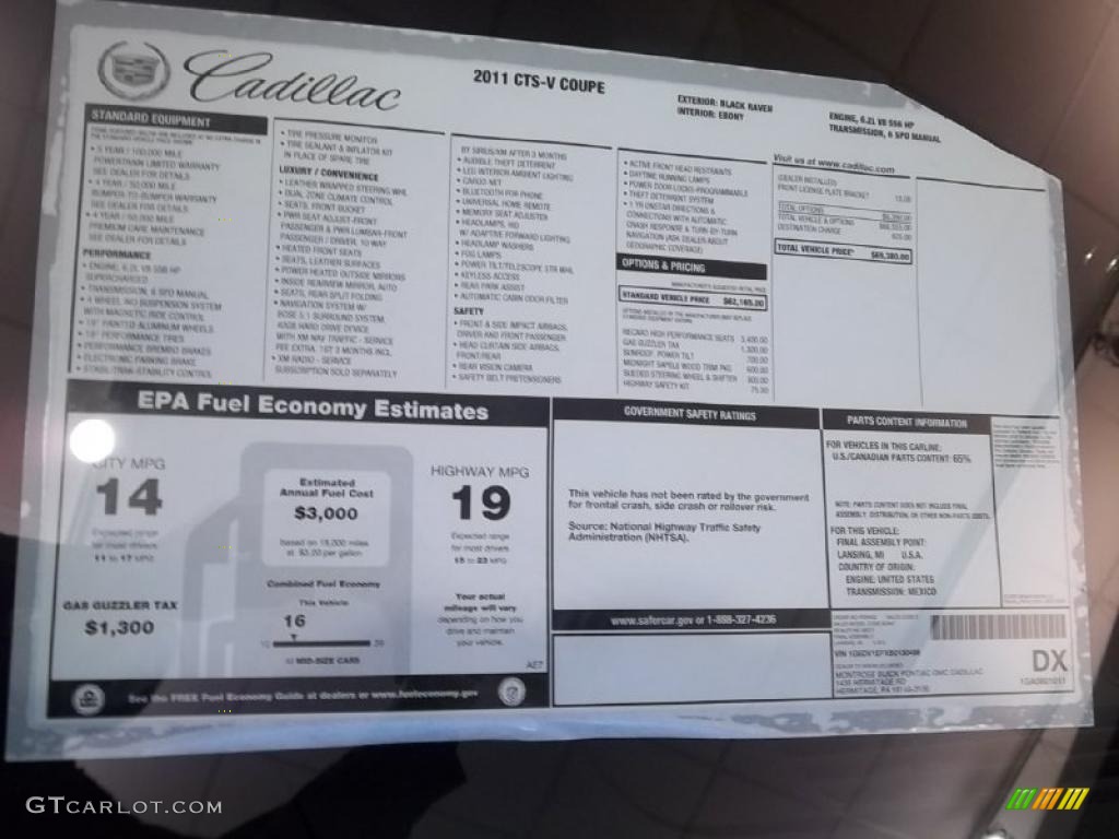 2011 Cadillac CTS -V Coupe Window Sticker Photo #44210400