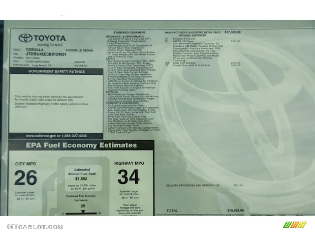 2011 Toyota Corolla LE Window Sticker Photo #44221353