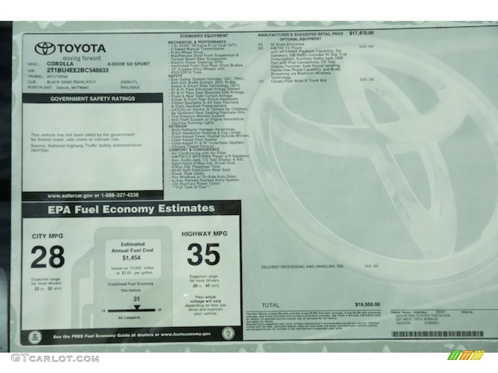 2011 Toyota Corolla S Window Sticker Photo #44222057