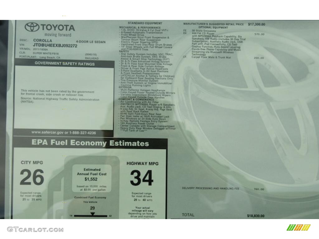 2011 Toyota Corolla LE Window Sticker Photo #44223761