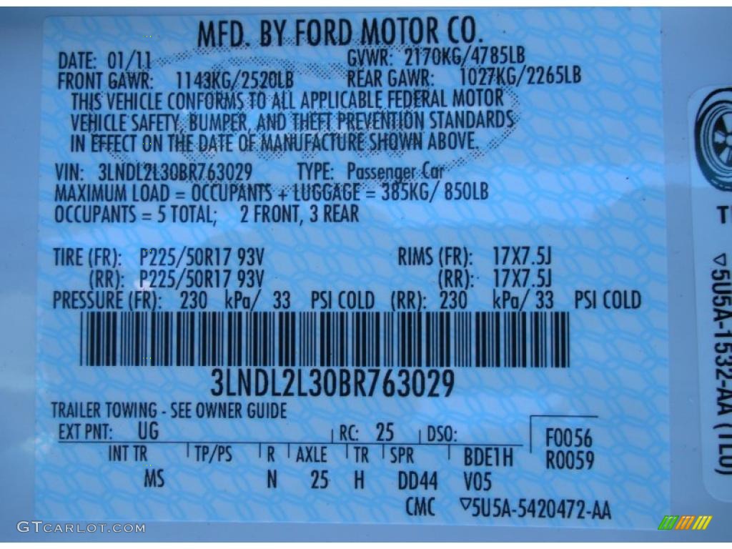 2011 MKZ Color Code UG for White Platinum Tri-Coat Photo #44229325