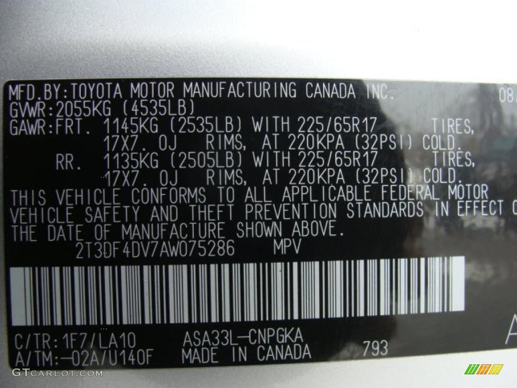 2010 RAV4 Color Code 1F7 for Classic Silver Metallic Photo #44245898